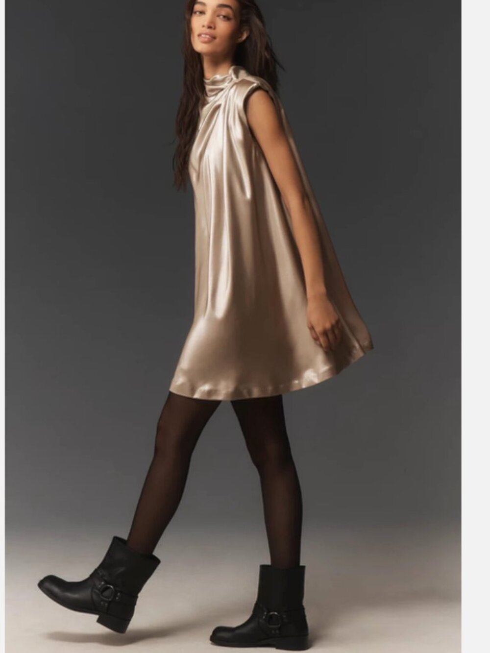 Anthropologie Sleeveless Liquid Shine Mini Dress Gold Metallic XSP XS Petite NWT